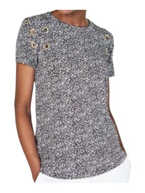 Michael Kors Black & White Floral Short-Sleeve Gold Eyelet Accent Size L